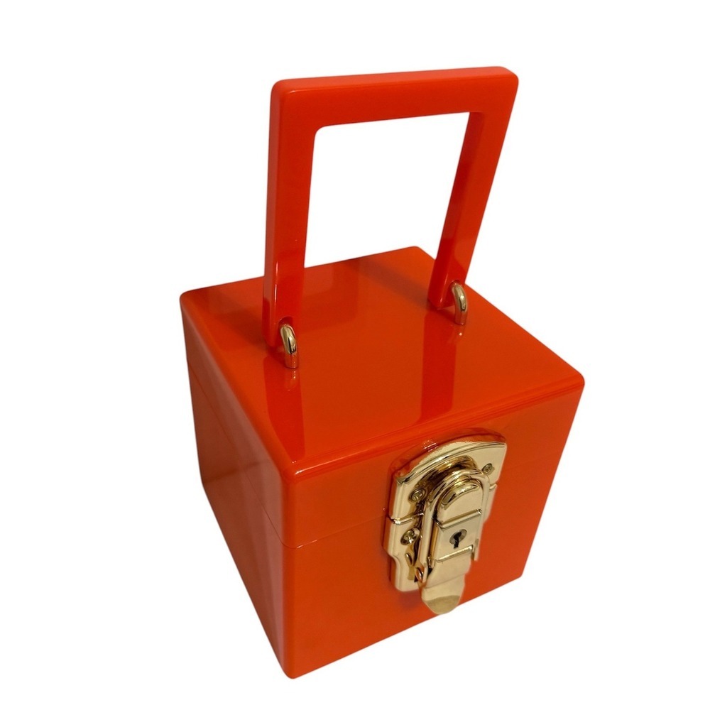 Amy Sheehan Acrylic Cube Box Trunk Handbag Orange Gold Hardware Women’s Small - Picture 2 of 12